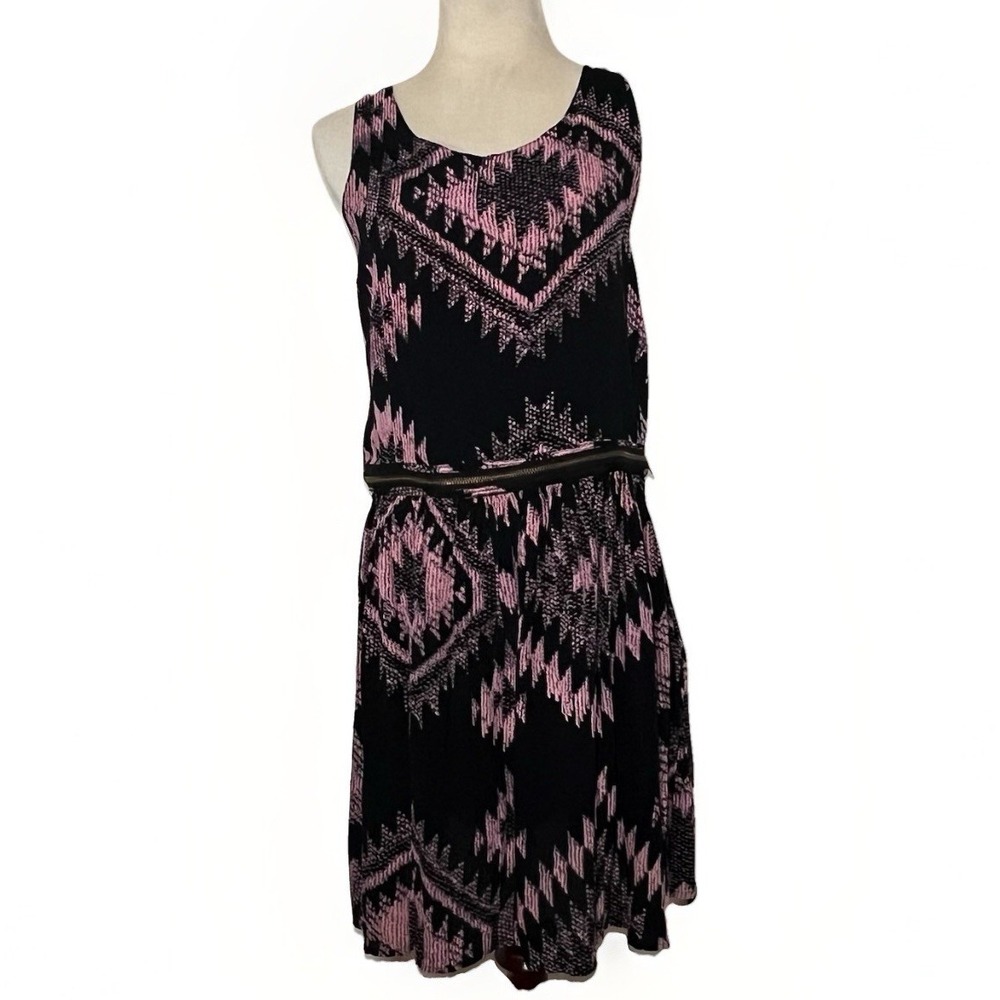 Topshop Mini Dress Womens 12 Black Pink Geometric Ikat Cutout Back Sleeveless